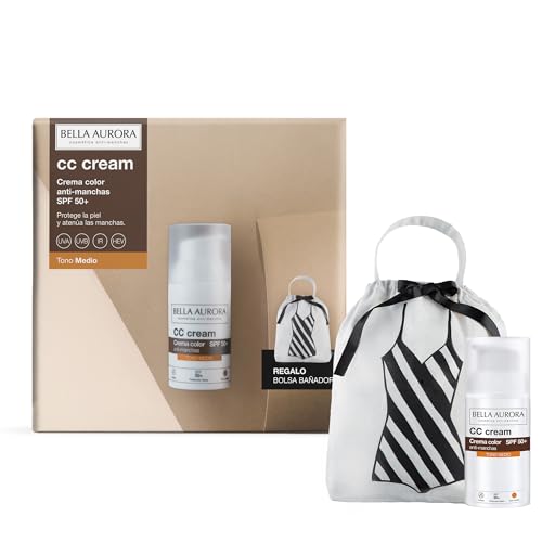 BELLA AURORA - Pack CC Cream Antimanchas SPF50+ 30 ml + Bolsa de Regalo, Protector Solar Antimanchas Tono Medio, Crema Color Antimanchas, para Cualquier Tipo de Piel, Crema Solar Facial de Color Medio