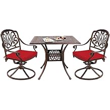 Grepatio 3 Piece Patio Bistro Set Outdoor Cast Aluminum Dining Set Patio Bistro Furniture Set 2 Swivel Chairs and 1 Umbrella Table for Lawn Garden Patio Red