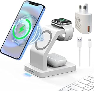 Magnetic Wireless Charger Stand, 3 in 1 Magsafe 18W Fast Charging Station with QC3.0 Adapter for Apple iPhone14/13/12, 14/13/12Pro, 14/13/12Pro Max, 14/13/12Mini, AirPods 2/pro, iWatch 7/6/ SE/5/4/3/2