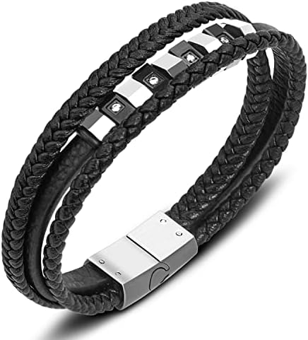 Bracciale da uomo, Fullmosa Bracciali in pelle PU intrecciata, Nero e Marrone Scuro, Chiusura Magnetica in Acciaio Inossidabile, Regalo per Uomo