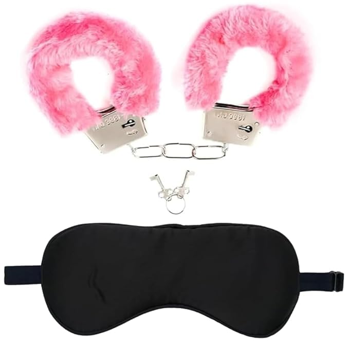 Image of Handcuff Hathkadi Toy with 2 Keys & Eye Mask - Red & Sky Blue