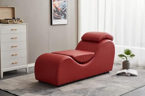 Image of SOUL CRAFT Sheesham Wood Leatherate Tantric Loung Chair, Yoga Chaise Lounge,Chaise Sofa Modern Lounge,Relaxing Chaise Lounge Chair, loveseats with Cushion (Exotic RED with Cushion)