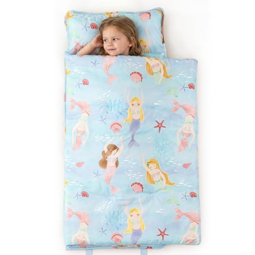 Image of PHF Soft Toddler Nap Mat with Removable Pillow, Rollup Design Kids Sleeping Mat, Slumber Bags for Girls, 55 inchx23 inch Toddler Sleeping Bag for Daycare Preschool Travel Camping, Mermaid & Sea