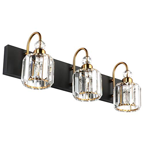 Image of Ralbay Modern Bathroom Vanity Light Fixture, 3-Lights, Black Metal & Crystal, HJ-8600-3T