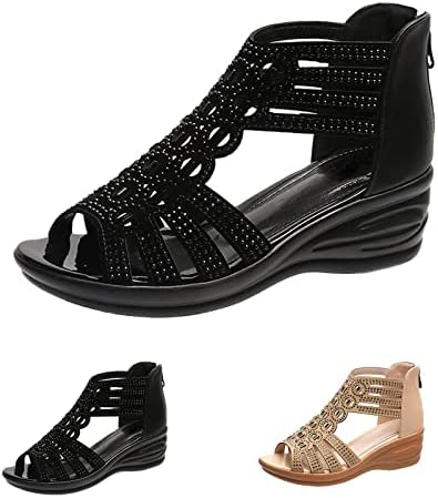 Women's Roman Wedge Hollow Sandals with Zipper Back,Rhinestone Gladiator Open Toe High Heel Dress Sandals Bootie