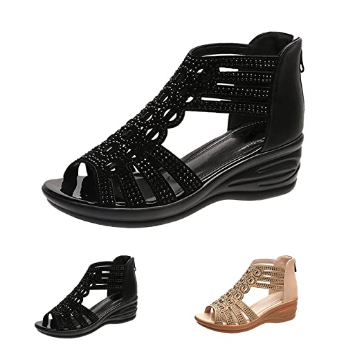 Women's Roman Wedge Hollow Sandals with Zipper Back,Rhinestone Gladiator Open Toe High Heel Dress Sandals Bootie