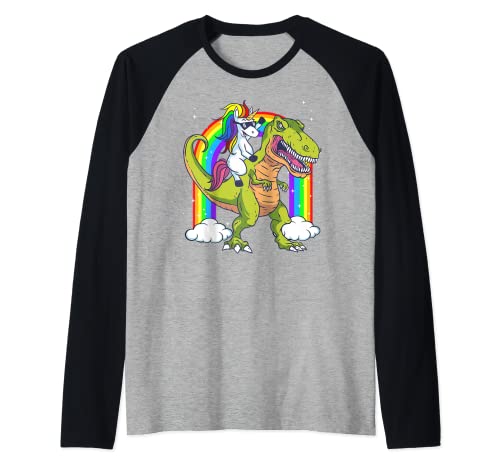 Rainbow Unicorn Riding T rex - Dinosaur Boys Girls Men Women Raglan Baseball Tee