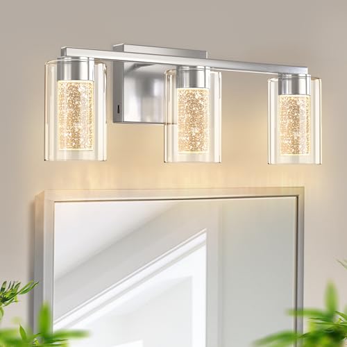 Image of DORESshop 3-Light Brushed Nickel Bathroom Lighting Fixtures Over Mirror, LED Vanity Light for Bathroom with Crystal Bubble, White /Neutral /Warm Dimmable Vanity Lighting Fixtures with Clear Glass Shade