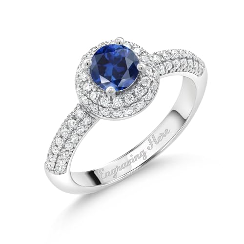 Gem Stone King 925 Sterling Silver Customized Personalized Name Engraving 5MM Round Gemstone Birthstone and White Moissanite Engagement Ring | Wedding Anniversary Promise Ring For Women - Main Image