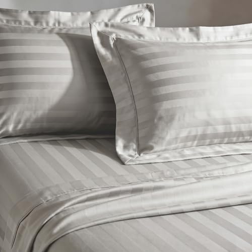 Image of LANE LINEN 100% Cotton Super King Elastic Fitted Bedsheet with 2 Pillow Cases | Damask Stripe 3pc Bedding Set- 1.83M x 1.98M + 30cm Deep Pocket | Breathable Fabric | Oeko-TEX Certified - Silver