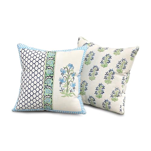 Image of BLOCKS OF INDIA Hand Block Printed Cotton Linen Cushion Cover (16 x 16 inches) (DYE Blue Green Half)