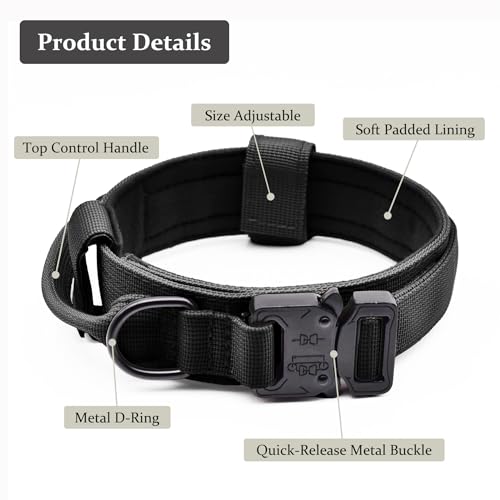 Taktisches Hundehalsband, Verstellbares Militär-Training, Nylon-Hundehalsband mit Kontrollgriff und schwerer Schnellverschluss-Metallschnalle für kleine, mittelgroße und große Hunde, Schwarz XXL