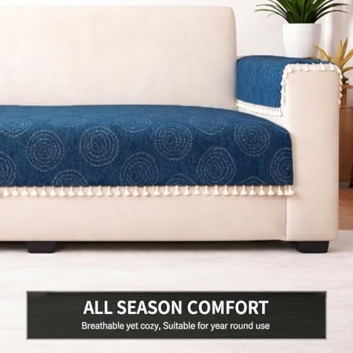 Image of STITCHNEST Woven Fabric Sofa Cover 1 Seater with 2 Hand Rest Covers - Washable Blue Sofa Cover with Tassels - Durable Premium Fabric - Stylish Sofa Protector for Living Room & Furniture Decor