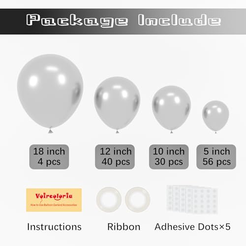 Image of Voircoloria 130pcs Metallic Silver Balloons Different Sizes 18 inch 12 inch 10 inch 5 inch Chrome Silver Balloon Garland Arch Kit for Graduation Birthday Baby Shower Wedding Anniversary New Year Party Decorations