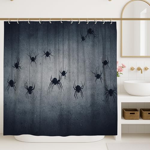Tenda da doccia a forma di ragno, grigio scuro, decorazione per Halloween, set da bagno gotico spettrale, tenda da doccia moderna minimalista in tessuto impermeabile con ganci, 183 x 213 cm