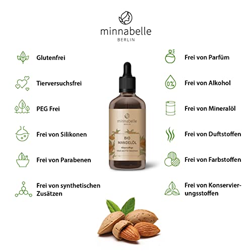 Foto von minnabelle Berlin 100% Bio Mandelöl 100ml - Kaltgepresst und Vegan, Naturkosmetik, reines Mandel Öl für Haarpflege, Körperpflege & Gesichtspflege für zart weiche Haut - natürliches Pflegeöl