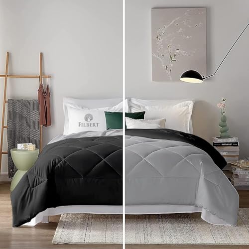 Image of Filbert 600 GSM Comforter for King Size | Super Warm Winter Quilt /Rajai | Thick Microfiber Blanket with Cloud-Soft Fill | Luxury Bedding for Winters - 92x106 Inch | Silver /Black