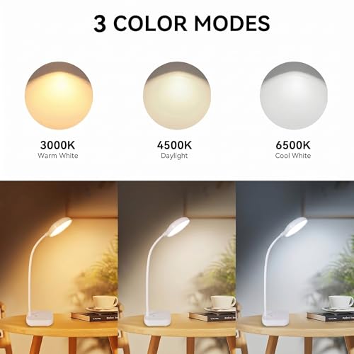 Image of White Small Battery Powered Desk Lamp,Battery operated lamp,5W Rechargeable desk light,3 Colors,Adjustable brightness,360Gooseneck Hose,Cordless lamps for small spaces,Eye-friendly and Energy Saving