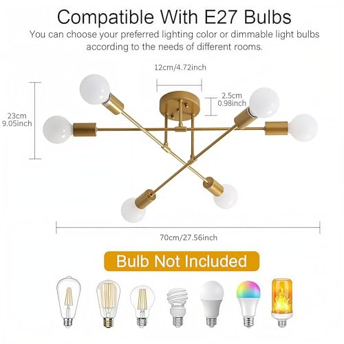 Image of ELEPHANTBOAT 6-Light Ceiling Light for Living Room, Modern Metal Chandelier Light Fixture, Pendant Lights for Ceiling, Without E27 Bulb