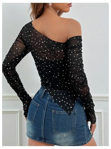 MakeMeChic Women's Sequin Sheer Top One Shoulder Ruched Long Sleeve Tee Shirt2