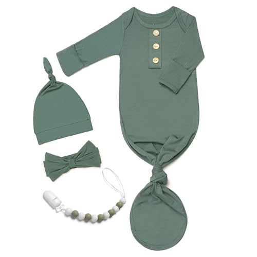 Image of Newborn Baby Knotted Gown, Super Soft Silky Infant Sleeper, Baby Boy Girl Sleep Gown with Mittens, Bow, Clip and Matching Hat Set Grey Green