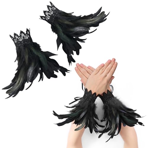 Herbst 1 Paar Feder Manschetten Hand Federn Schwarz Damen Spitze Feder Fingerlose Handschuhe für Halloween Karneval Kostüm Rollenspiel Party Game (Schwarz, M)
