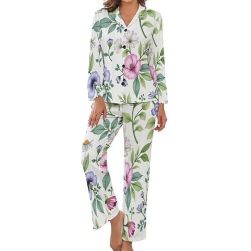 Pyjama femme 2 pièces imprimé floral fluide vêtement d'intérieur manches longues taille élastique