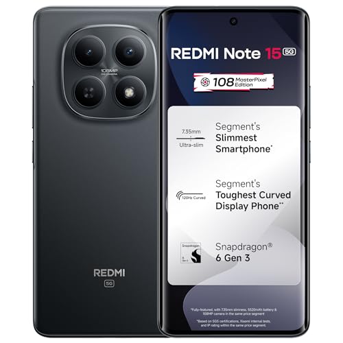 REDMI Note 15 5G (Black, 8GB RAM 256GB Storage) | 108MP OIS Camera | Snapdragon 6 Gen 3 | 17.2cm Tough Curved AMOLED Screen | Segment’s Slimmest Phone | 5520mAh Si/C Battery | 45W Fast Charging