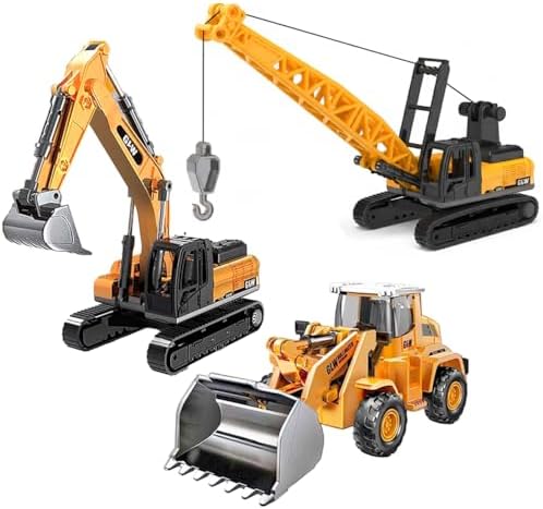 Kit 3 Miniaturas Escavadeira Guindaste Pá Carregadeira Partes de Metal