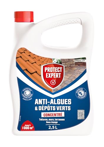 PROTECT EXPERT Anti Algues & Dépôts Verts - Concentré - Toitures Murs Terrasses - 2,5L - Jusqu'à 1000m² - Protection Longue Durée Pendant 6 Mois - Sans...