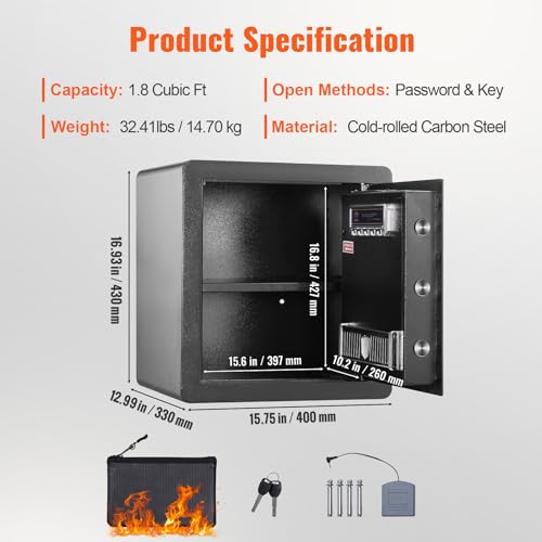 VEVOR Safe Box with Digital Keypad and 2 Keys, 1.8 Cubic Feet Home Safe, Steel Security Cabinet, with Fire-proof Bag, Protect Cash, Gold, Jewelry, for Home, Hotel,15.8"Wx13"Dx16.9"H