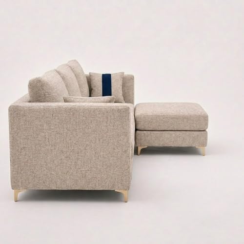 Image of FURNY Signature Cresta 4-Seater L-Shape Sofa Set with Movable Ottoman | Flexible LHS /RHS Layout | Boucle Weave Fabric | 40D Foam + Zigzag Spring | 3-Yr Warranty (Sandstone Beige)