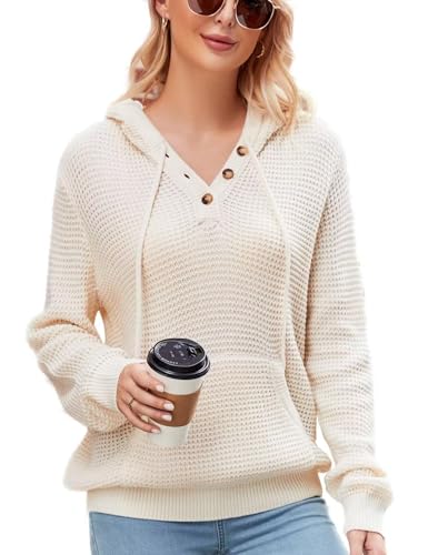 Image of VIMPUNEC Womens Fall Hoodie Sweater Long Sleeve Hooded Top with Pocket | V Neck, Button, Adjustable Drawstring, Waffle Knit, Loose Fit, Ribbed, Kangaroo Pocket