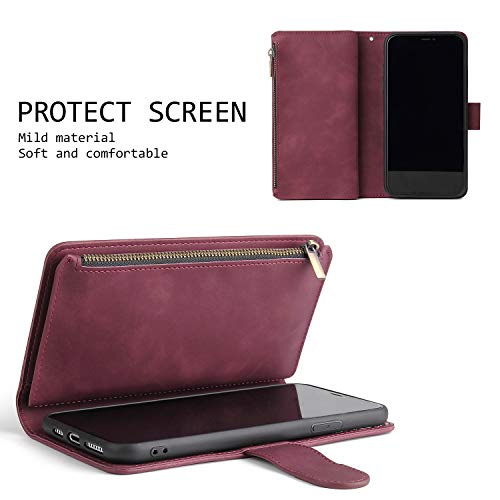 Ueebai Wallet Case For Samsung Galaxy S10 Plus, Premium Pu Leather Magnetic Closure Handbag Zipper Pocket Case Kickstand Card Slots With Hand Strap Shockproof Flip Case - Wine Red #TOP5