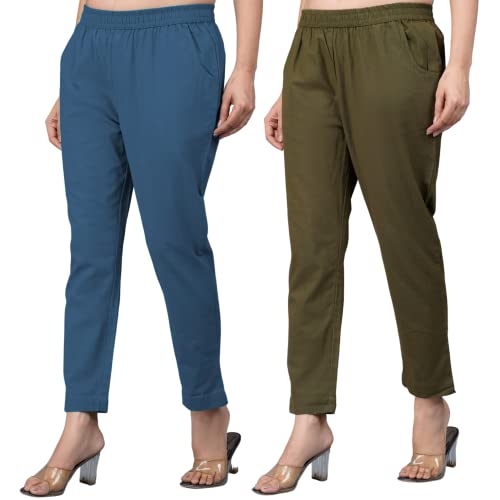 Image of Regular Fit Fully Elastic Waist Ankle Length Premium Cotton Casual Trouser Pant (Combo Pack of 2)