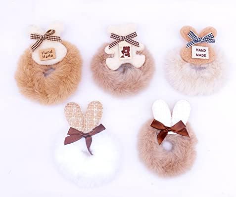 Gerulyss 5 Pcs Coffee Plush Hair Elastic Ties Cartoon Bear Hair Scrunchies with Bow Withe Color Heart Soft Ponytail Holder Hair Tie Cute Hand Made Hair Band Rabbit Hair Rope Cute Hair Accessories