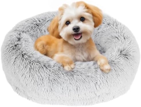 JOLLYVOGUE Anti-Anxiety Round Donut Dog & Cat Bed, Washable Plush Faux Fur Cuddler Bed for Small Pets