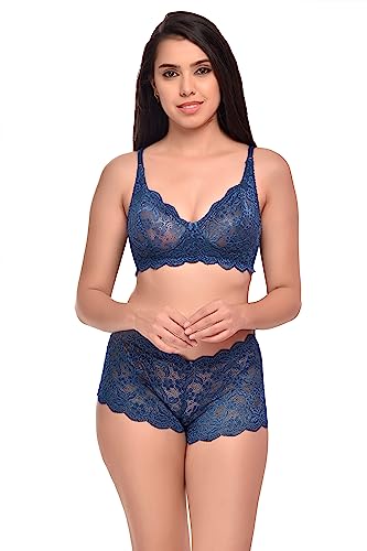 Image of SGC Sweden Lace Stretchable Bra Panty Set for Women | Non-Padded | Non-Wired | Seamed | Floral Print Full Coverage | Lingerie Set for Women & Girls (Set of 1) (38, Blue), Hipster