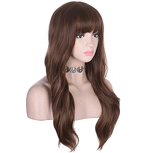 Image of Wynk Mavens Chocolate Brown long wavy with bangs hair wig |Heat Friendly Synthetic Fibers | Fashion Wigs