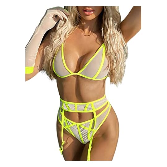 
                            Kaei&Shi Mesh Sheer,Triangle Bralette,Neon Strappy,Garter Lingerie for Women
                        