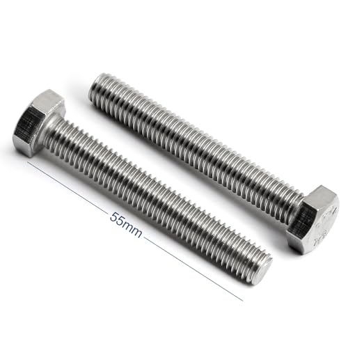 Image of M8-1.25 x 55mm Hex Head Screw Bolt, 18-8 (304) Stainless Steel, Fully Threaded, Plain Finish, Quantity 10