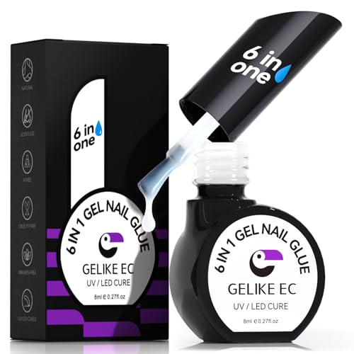 Gelike ec Colla per unghie finte: colla per unghie finte, 6 in 1, colore bianco, extra forte, per pressare su colla per unghie, gel per unghie finte, bisogno di indurire sotto lampada UV da 8 ml