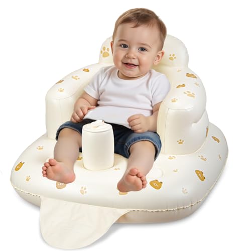 JOSEN Inflatable Baby Seat for Babies 3 Months & Up, Baby Floor Seats Learn to Sit Up, Portable Infant Feeding Shower Chair, Blow Up Baby Chair with Built in Air Pump - Cute Bear