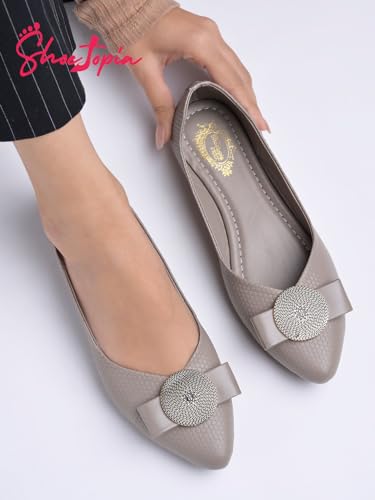 Image of Shoetopia Oversized Bow Detailed Grey Bellies for Girls-EU39