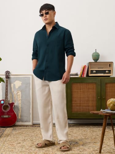 Image of The Souled Store Cotton Linen: Men and Boys Long Sleeve Spread Collar Solid Cotton Relaxed Fit Easy to Style Everyday Office Wear Cotton Linen Shirts