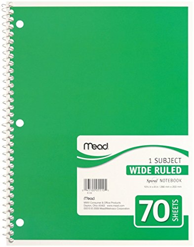 Notes à spirale anti-rature Mead cahier blanc grand format à lignes espacées pour étudiant