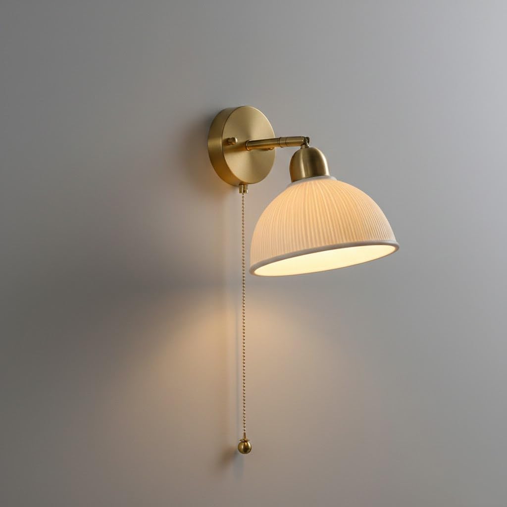 Modern Brass Wall Sconce Lighting, Ribbed Ceramic Wall Light Fixture with Pull Chain Switch, Vintage Bedroom Bedside Lamp, Adjustable Brass Sconce for Living Room, Hallway, Kitchen(19cm (7.48"))