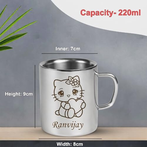 Image of SAVRI Personalized Stainless Steel Mug for Kids with Customized Name Engraved & Cartoon Design | 220 ml Double Wall Insulated Mug for School, Milk, Juice & Water
