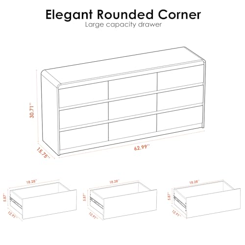 Image of Oransail 9 Drawer Dresser, 63 inch Wide Walnut Dresser Chest of Drawers, Curved Anti-Collision & Anti-Tipping Design, Mid Century Modern Wooden Dresser for Bedroom, Living Room, TV Stand