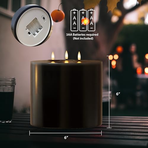 Image of Extra Large Black Flameless Candles with 3 Wicks, 6 inchx6 inch Real Wax Halloween Candles with Remote, Battery Operated Candle Flickering LED Candles Fake Candle for Halloween, Home, Party